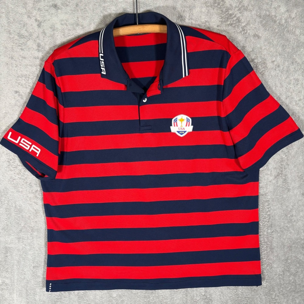 RLX Ralph Lauren Mens Ryder Cup 2016 Team USA Striped Golf Polo Shirt Red Navy L